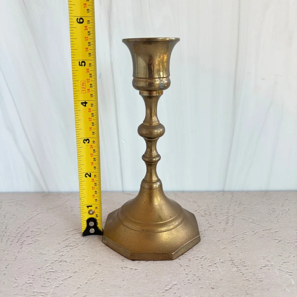 Vintage Solid Brass Candlestick Holders Pair Octagon Base Made in India 6 Inch